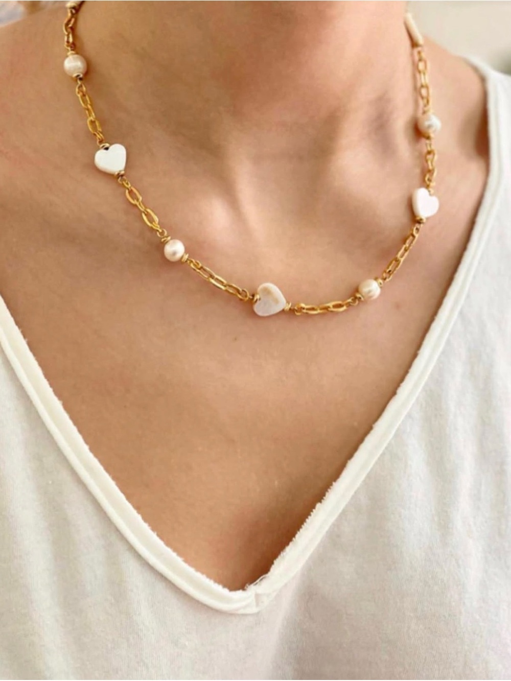 Gold-Plated Chain Necklace with White Heart Beads and Pearls
